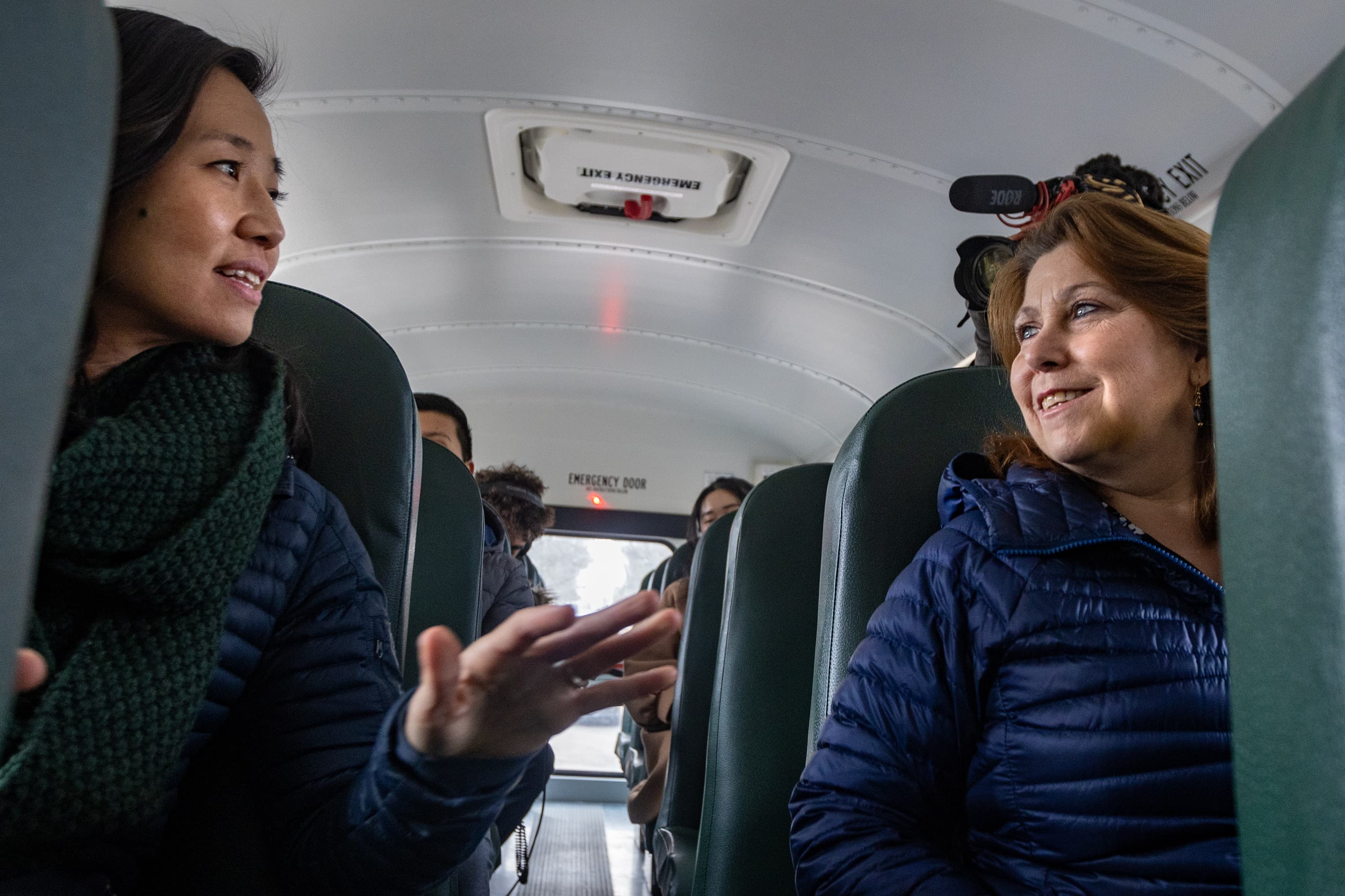 Boston Mayor, Michelle Wu, and Superintendent of Boston Public Schools, Mary Skipper, reflect on their ride in the first electric school bus added to the Boston Public Schools’ fleet. (Jesse Costa/WBUR)
