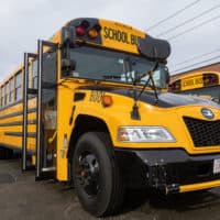 One of the 20 new electric buses being added to the Boston Public Schools' bus fleet. (Jesse Costa/WBUR)