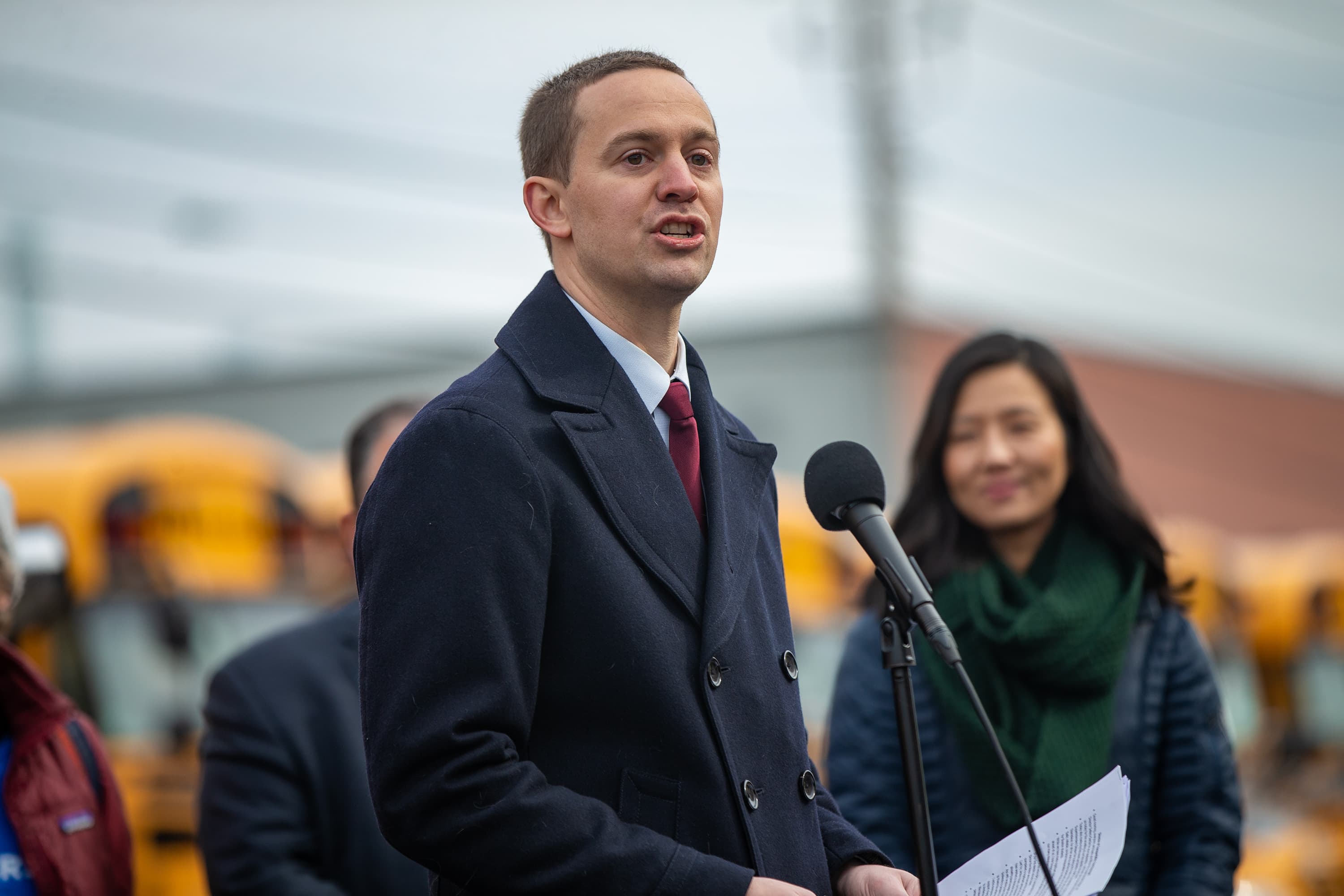 BPS Director of Transportation Dan Rosengard makes a statement during a press conference announcing the addition of 20 new electric school buses to the Boston Public Schools’ fleet. (Jesse Costa/WBUR)