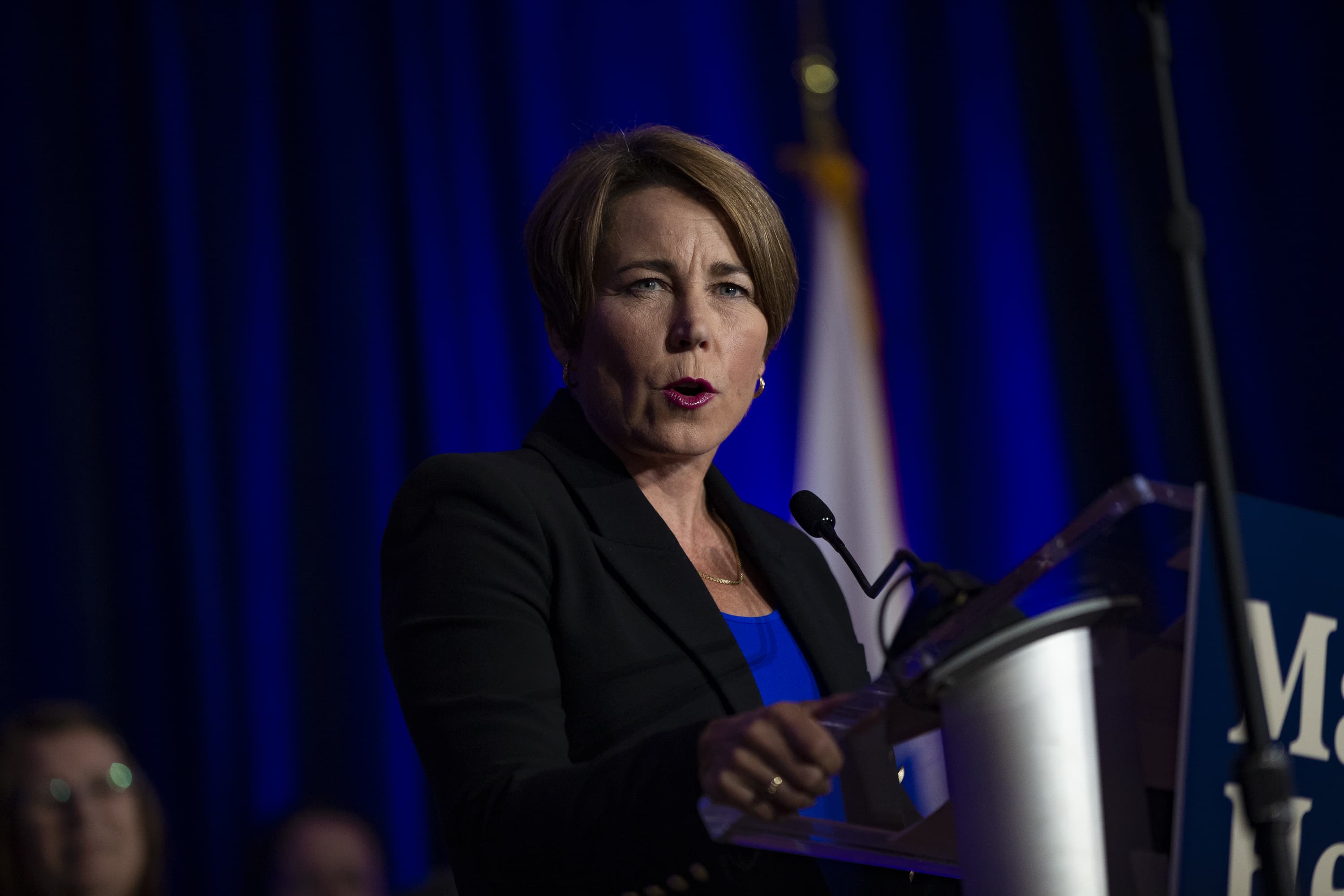 Massachusetts Governor Maura Healey speaks to a crowd at the IBEW headquarters in Dorchester in 2022 after her primary win. (Jesse Costa/WBUR)