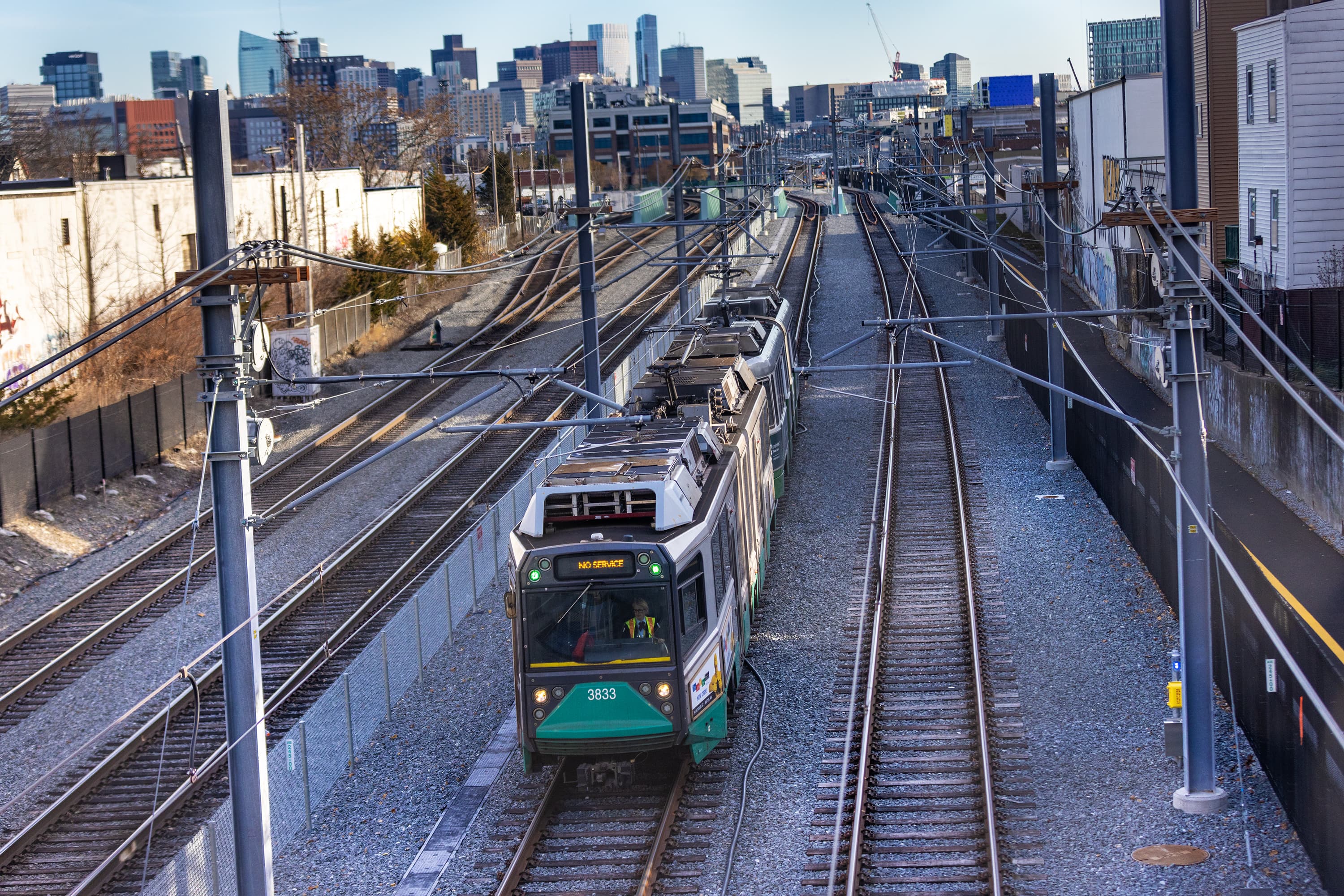 An MBTA Green Line train during the Green Line Extension train testing. (Jesse Costa/WBUR)