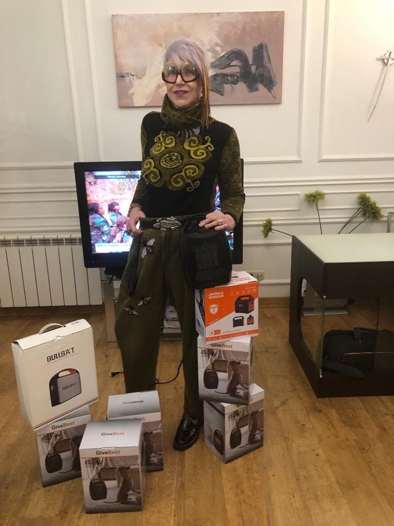 Helen Chervitz with some of the portable generators donated by U.S. synagogues in a drive she organized. (Courtesy Helen Chervitz)