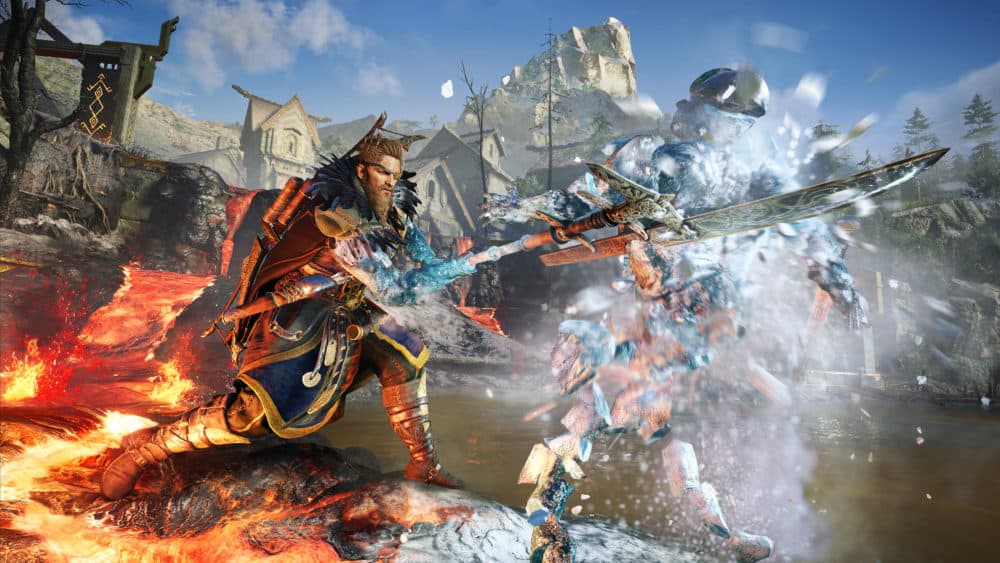 Player character, Odin, in combat with one of the game's many frost giants. (Courtesy of Ubisoft)