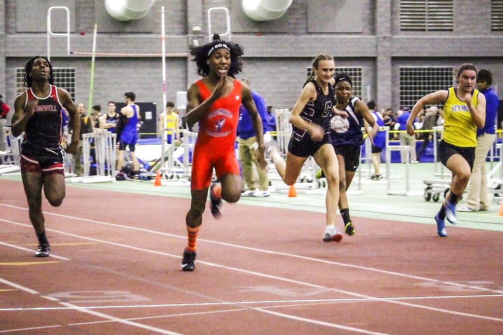 Bloomfield High School transgender athlete Terry Miller, second from left, wins the final of the 55-meter dash over transgender athlete Andraya Yearwood, far left, and other runners in the Connecticut girls Class S indoor track meet at Hillhouse High School in New Haven, Conn., Feb. 7, 2019. (Pat Eaton-Robb/AP Photo)