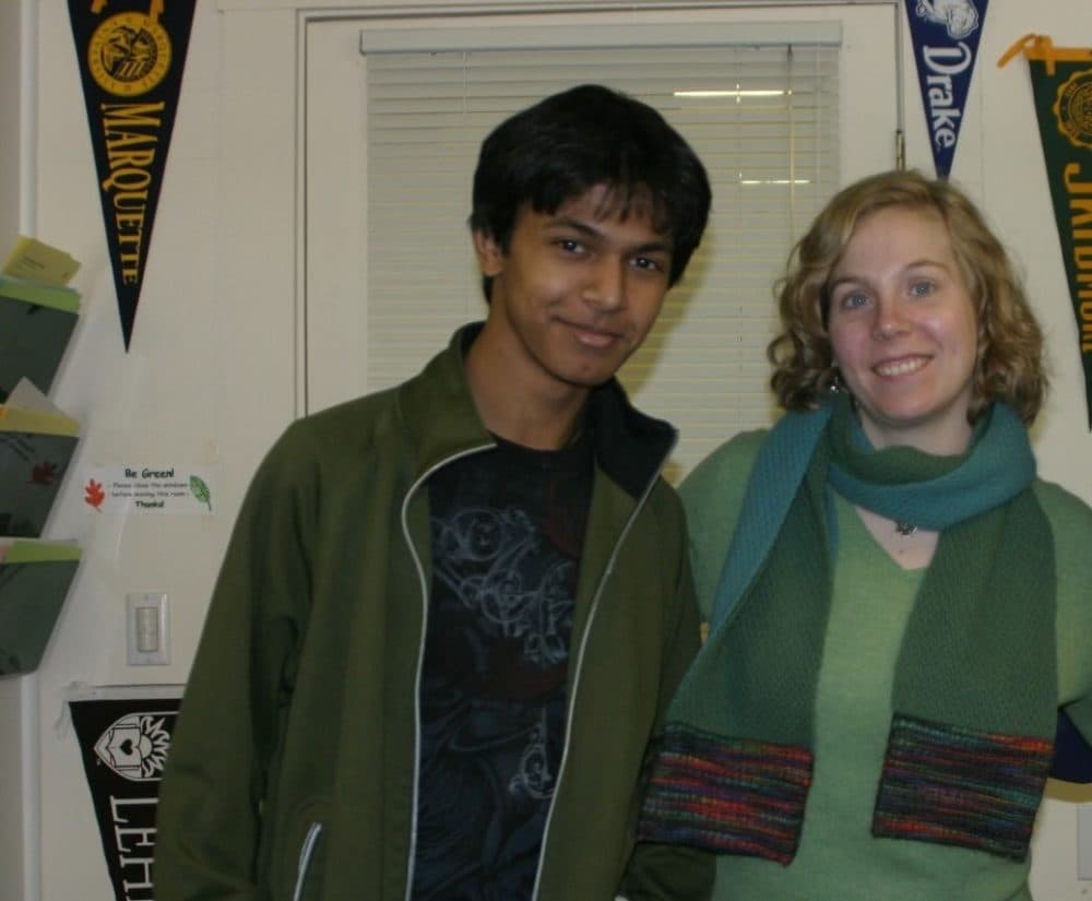 That author and Sai &quot;Cy&quot; Hossain in about 2008 in the high school college counseling office. (Courtesy Kate Peltz)