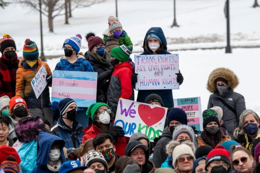 St. Paul, Minnesota. March 6, 2022. Because the attacks against transgender kids are increasing across the country Minneasotans hold a rally at the capitol to support trans kids in Minnesota, Texas, and around the country. (Michael Siluk/UCG via Getty Images)