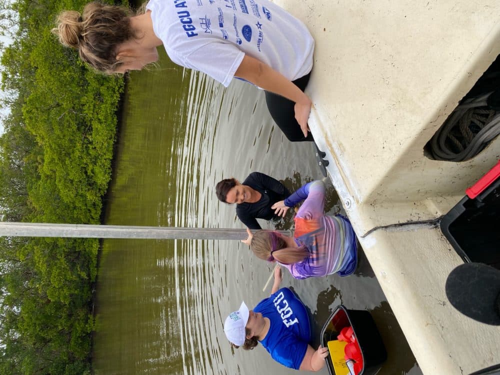 Paleoclimatologist Jo Muller and her students are coring on Fort Myers Estero Bay to look for sediment left by hurricane Ian. (Robin Young/Here &amp; Now)