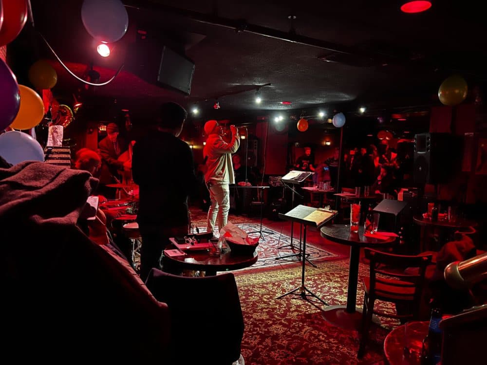 Elijah Starr performing at the Lizard Lounge Poetry Jam. (Cristela Guerra/WBUR)