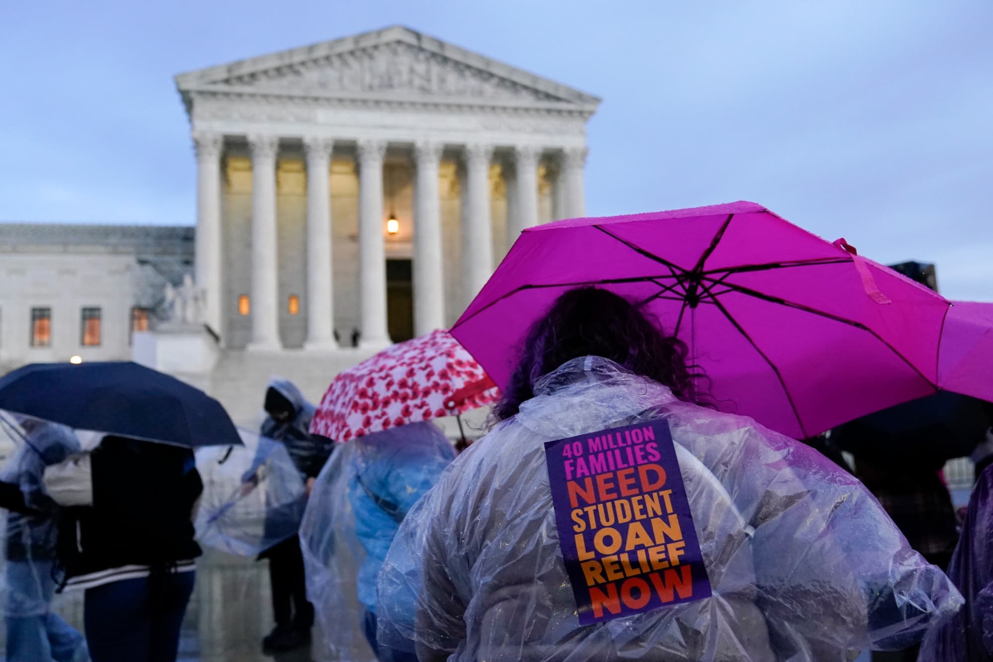 Student debt relief advocates gather outside the Supreme Court on Capitol Hill in Washington, Monday, Feb. 27, 2023, ahead of arguments over President Biden's student debt relief plan. (Patrick Semansky/AP)