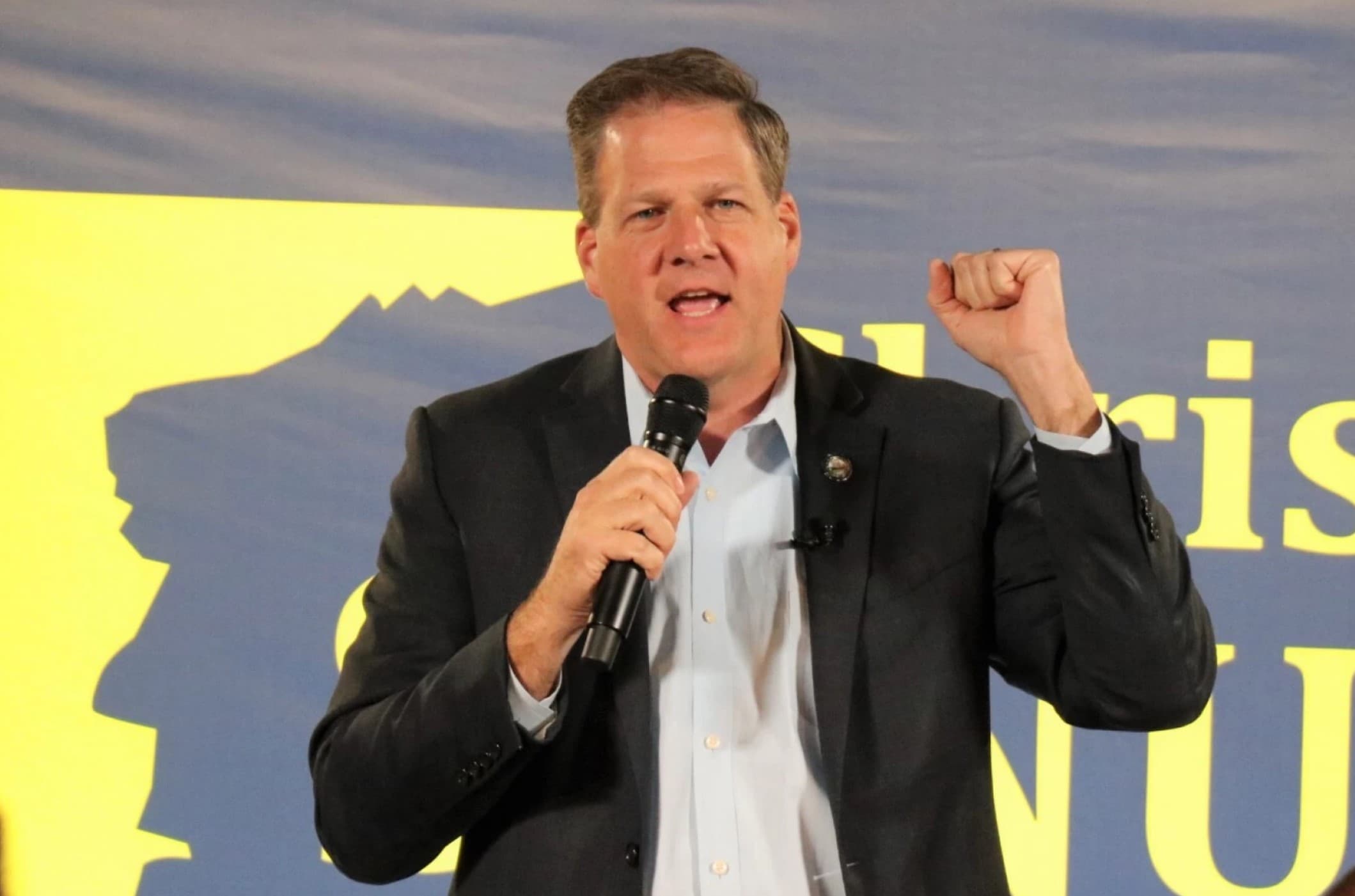 New Hampshire Gov. Chris Sununu, speaking to supporters on Election Night, Nov. 8, 2022. (Dan Tuohy/NHPR)