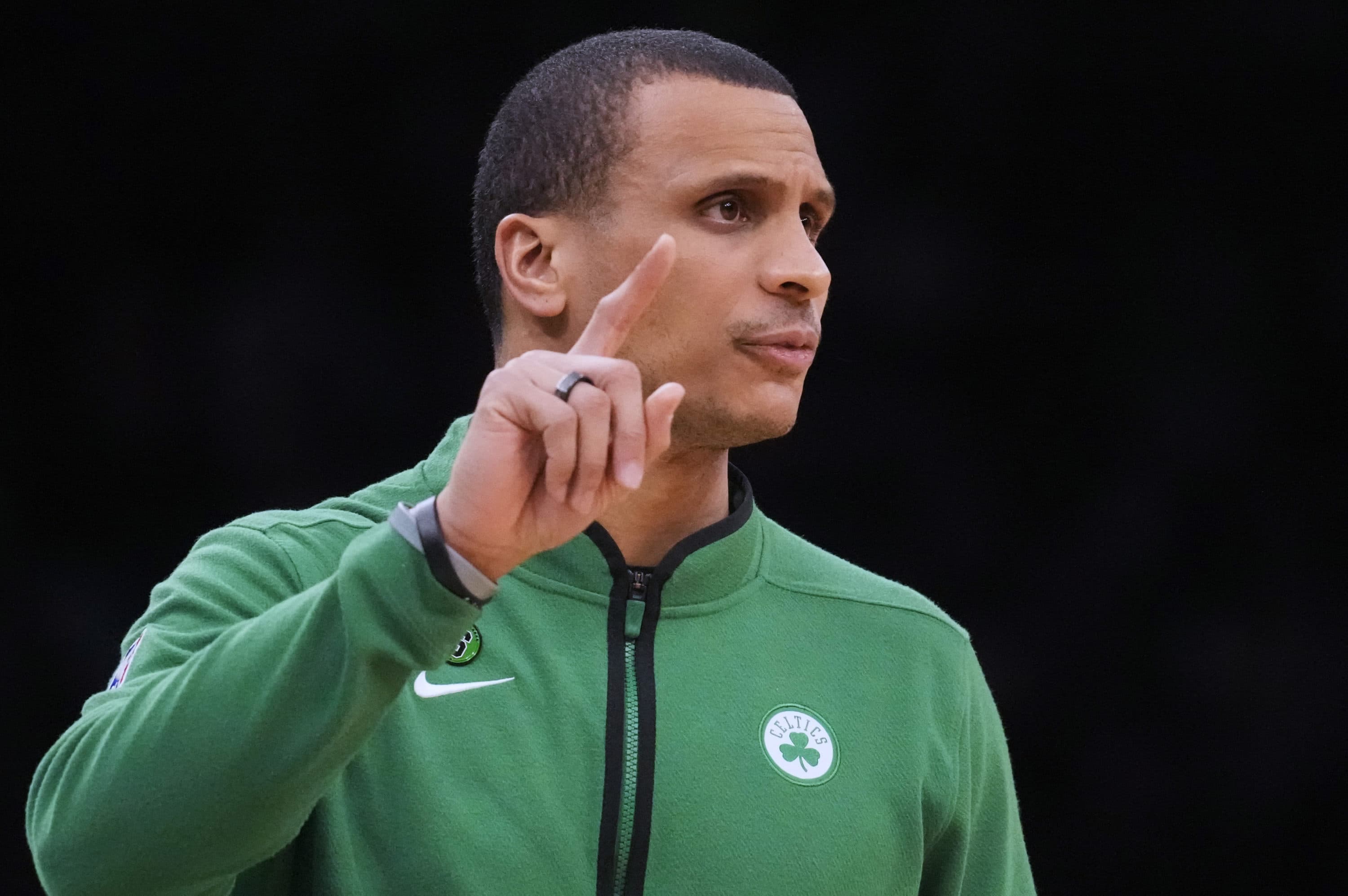 Joe Mazzulla calls to his players during the first half of an NBA basketball game against the Detroit Pistons on Feb. 15. in Boston. (Charles Krupa/AP)