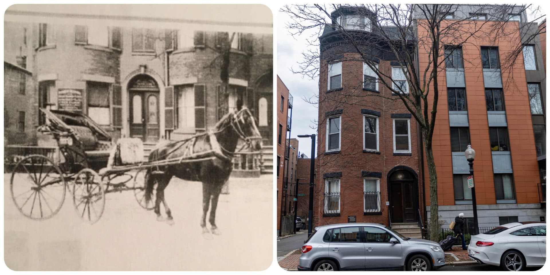 A photo of Plymouth Hospital with a horse and buggy ambulance waiting in front of the building, c.1908-1928 (Courtesy Lisa Gordon, via Alison Barnet), and 12 East Spring Street, in the South End, in 2023. (Jesse Costa/WBUR)