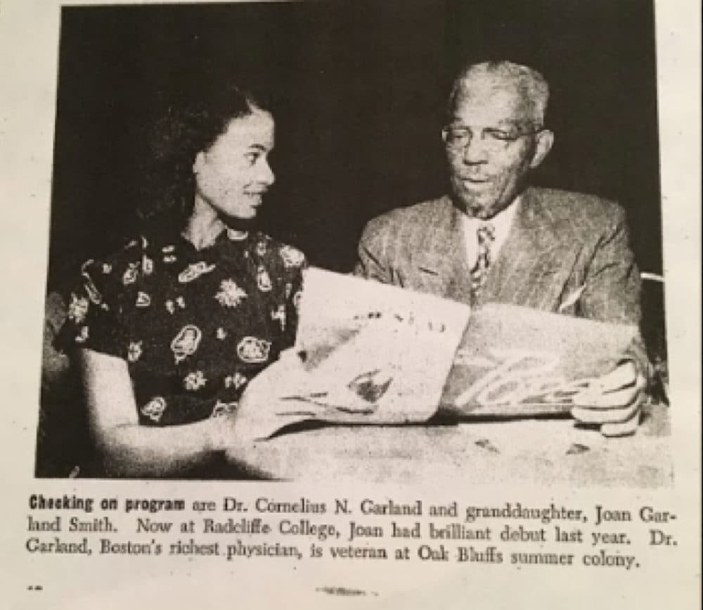 A photo feature from Ebony Magazine in 1949, featuring Dr. Garland and his granddaughter, Joan. The caption reads: Checking on program are Dr. Cornelius N. Garland and granddaughter, Joan Garland Smith. Now at Radcliffe College, Joan had brilliant debut last year. Dr. Garland, Boston’s richest physician, is veteran at Oak Bluffs summer colony. (Courtesy Lisa Gordon)