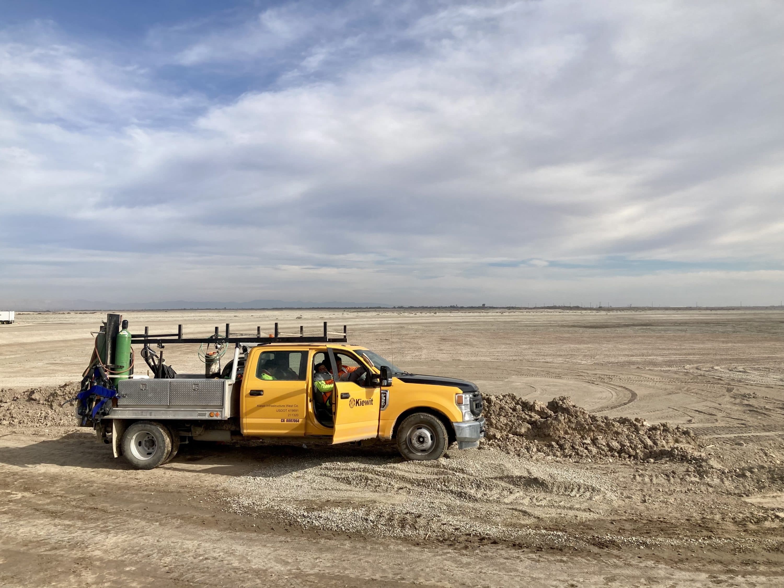 Construction crews are planning to flood 4,100 acres (or 6.5 square miles) of exposed lakebed as part of the state of California’s 10-year plan to save the Salton Sea. This area will be underwater when the project is completed later this year. (Peter O'Dowd/Here &amp;amp; Now)