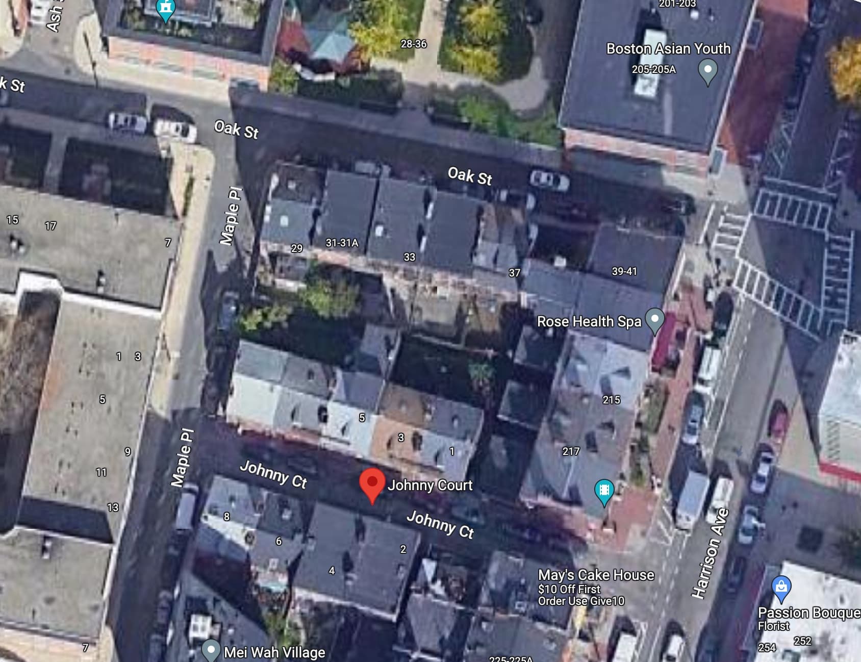 A satellite view of the some of Chinatown's remaining row houses between Oak Street and Johnny Court. (Courtesy/Google Maps)