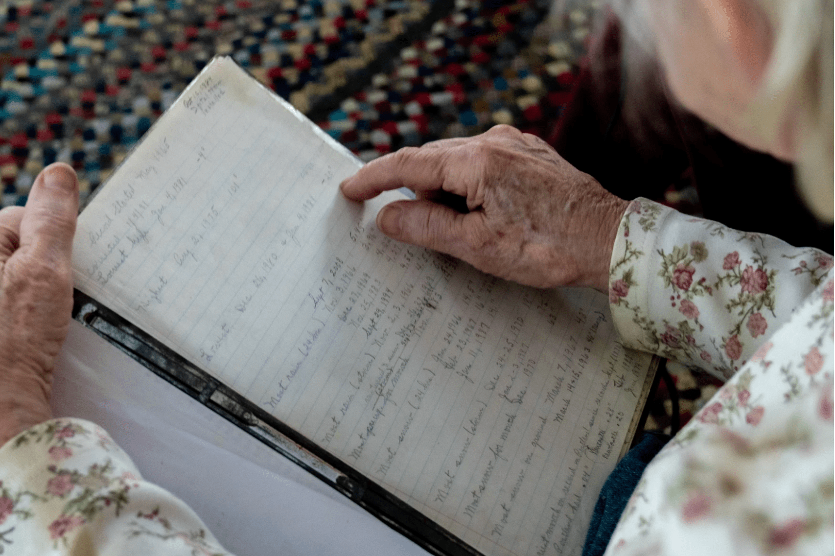 Arlene Cole can tell you the weather for each day as far back as 1957. That's when she started a personal diary with her observations. (Rebecca Conley/Maine Public)