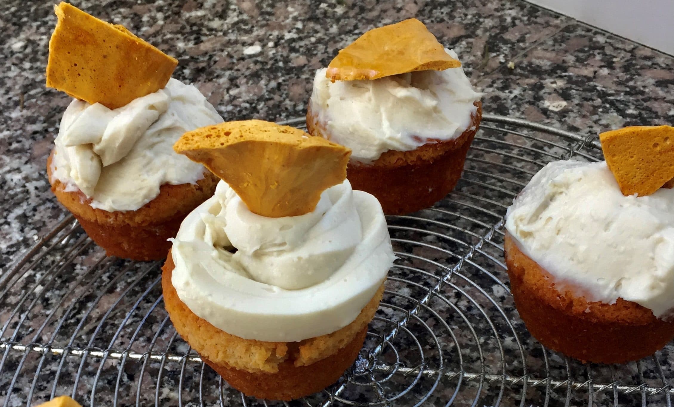Honey cupcakes with cream cheese and honey frosting. (Kathy Gunst/Here &amp; Now)