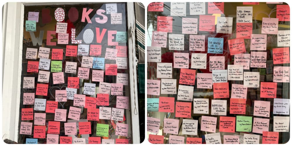 A collection of post-it notes filling the windows of the author’s bookstore, and answering the question, “What’s a book you love with all your heart?” Beverly, MA. 2023 (Courtesy Hannah Harlow)