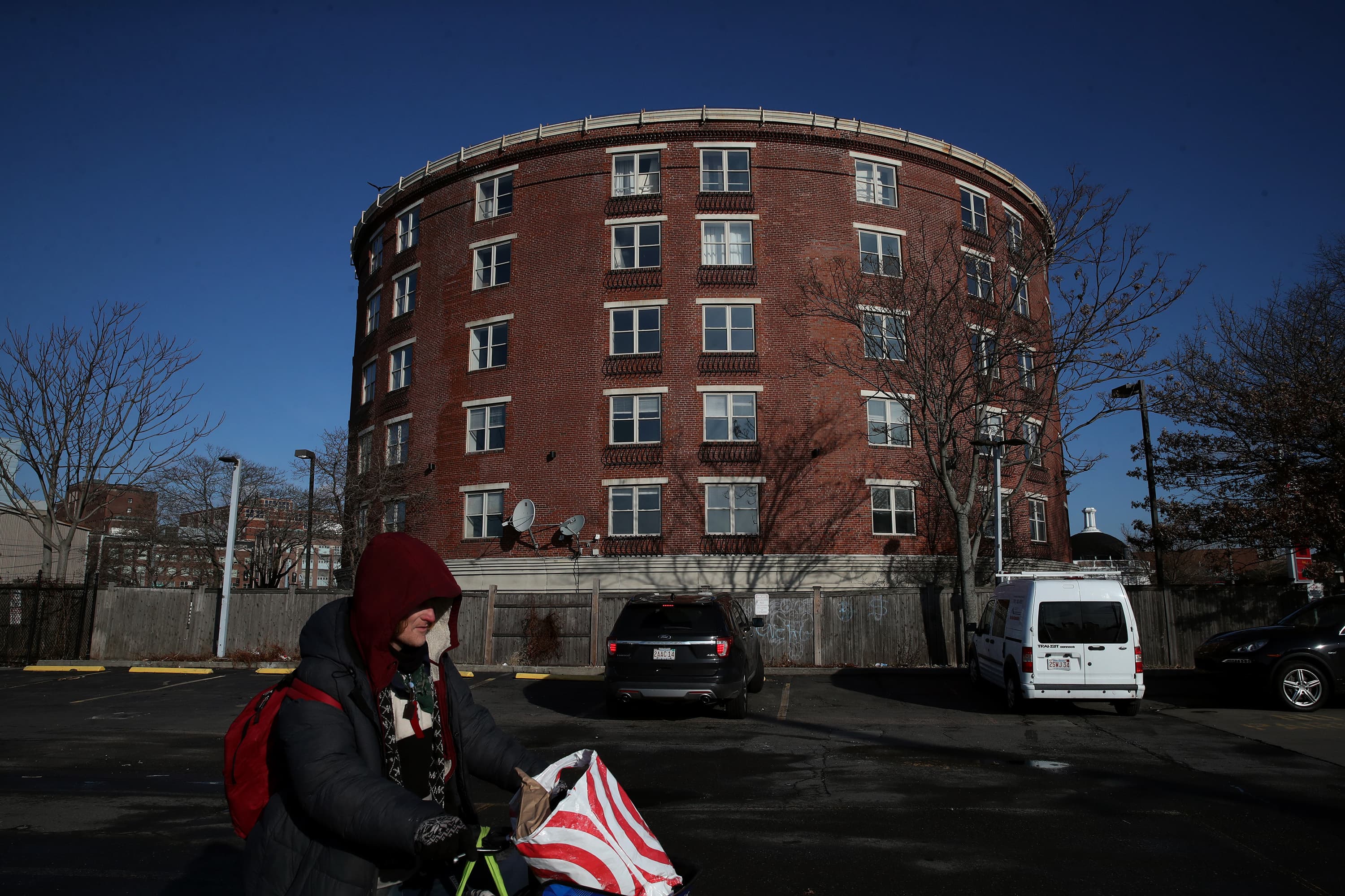 The former Roundhouse Suites hotel in Boston near the intersection of Massachusetts Avenue and Melnea Cass Boulevard, also known as "Mass. and Cass," has been used for transitional housing and an addiction program since January 2022. (Craig F. Walker/The Boston Globe via Getty Images)