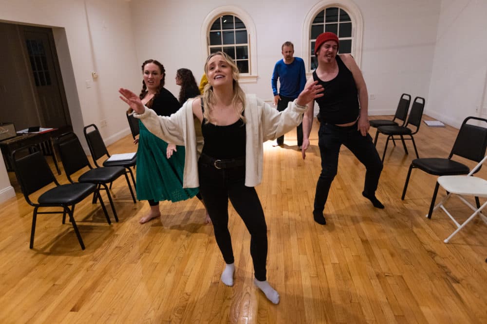 The cast of “T: An MBTA Musical” rehearse at The Center for Arts at the Armory in Somerville ahead of their new season of shows beginning in March at the Rockwell in Davis Square. (Jesse Costa/WBUR)