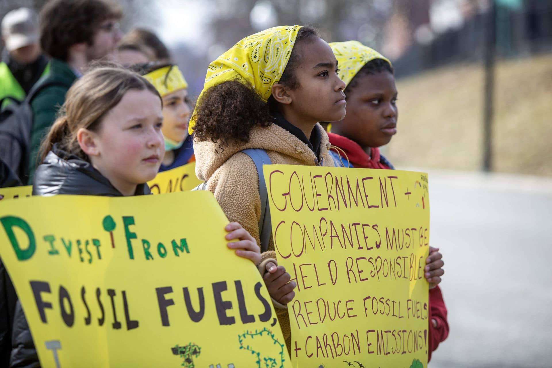 Students from the Neighborhood School in Jamaica Plain listen to speakers at the Fridays For Future protest at the State House. (Credit: Robin Lubbock/WBUR)