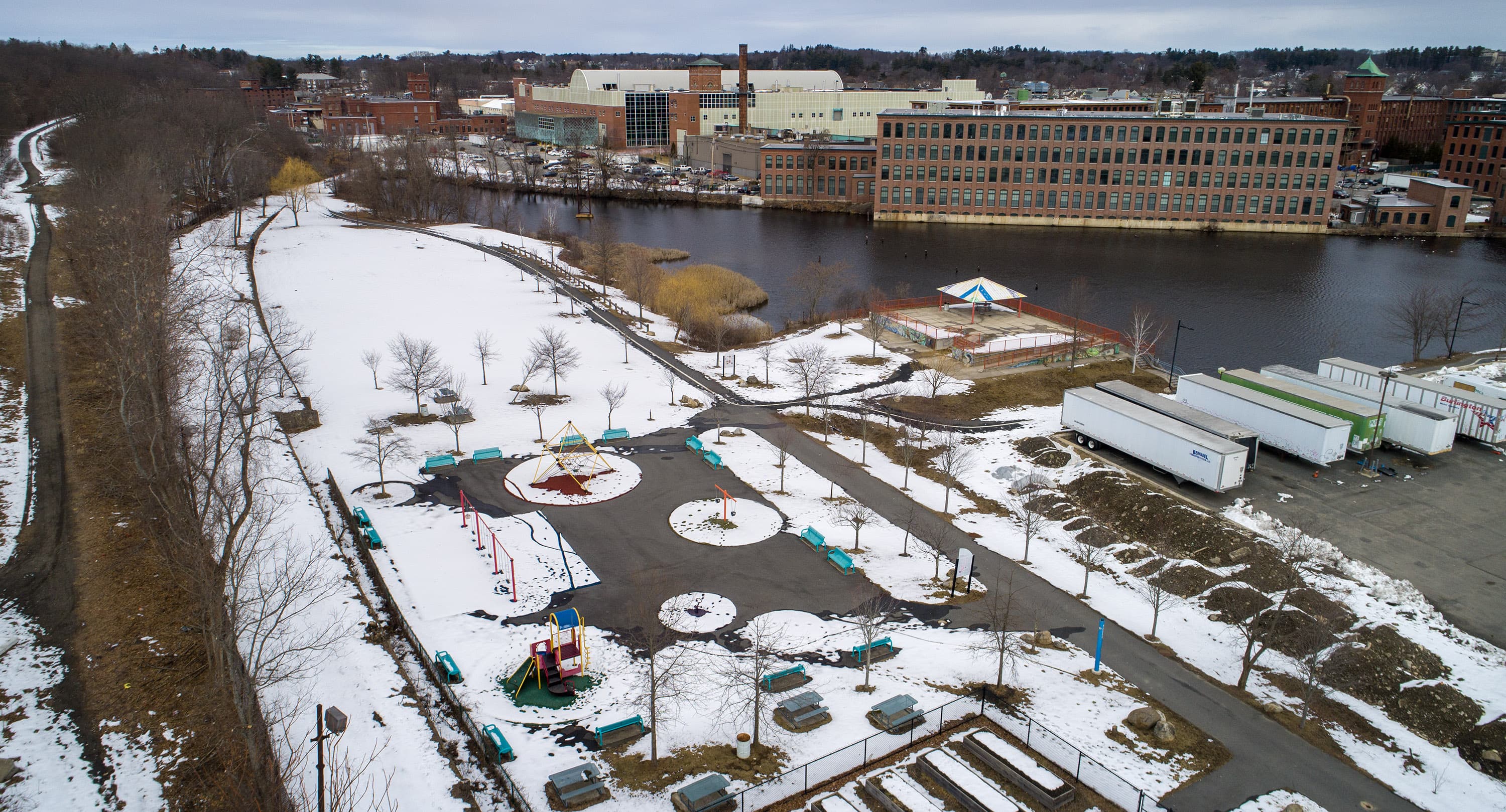 Manchester Street Park, formerly the site of a waste incinerator, on the Spicket River at Stevens Pond, in Lawrence, Mass. (Robin Lubbock/WBUR)