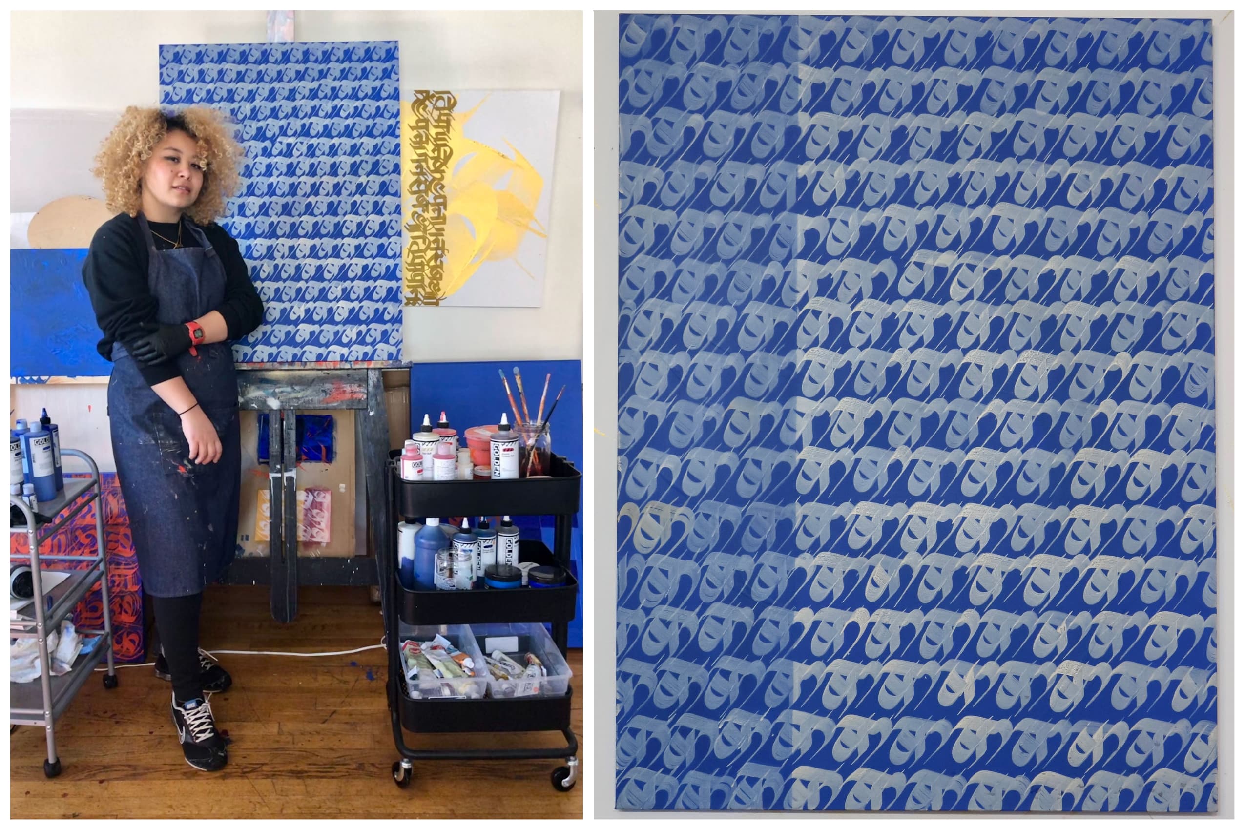 Left, Sneha Shrestha stands in front of "Home 416." Right, an up close shot of the painting. (Courtesy of the artist)