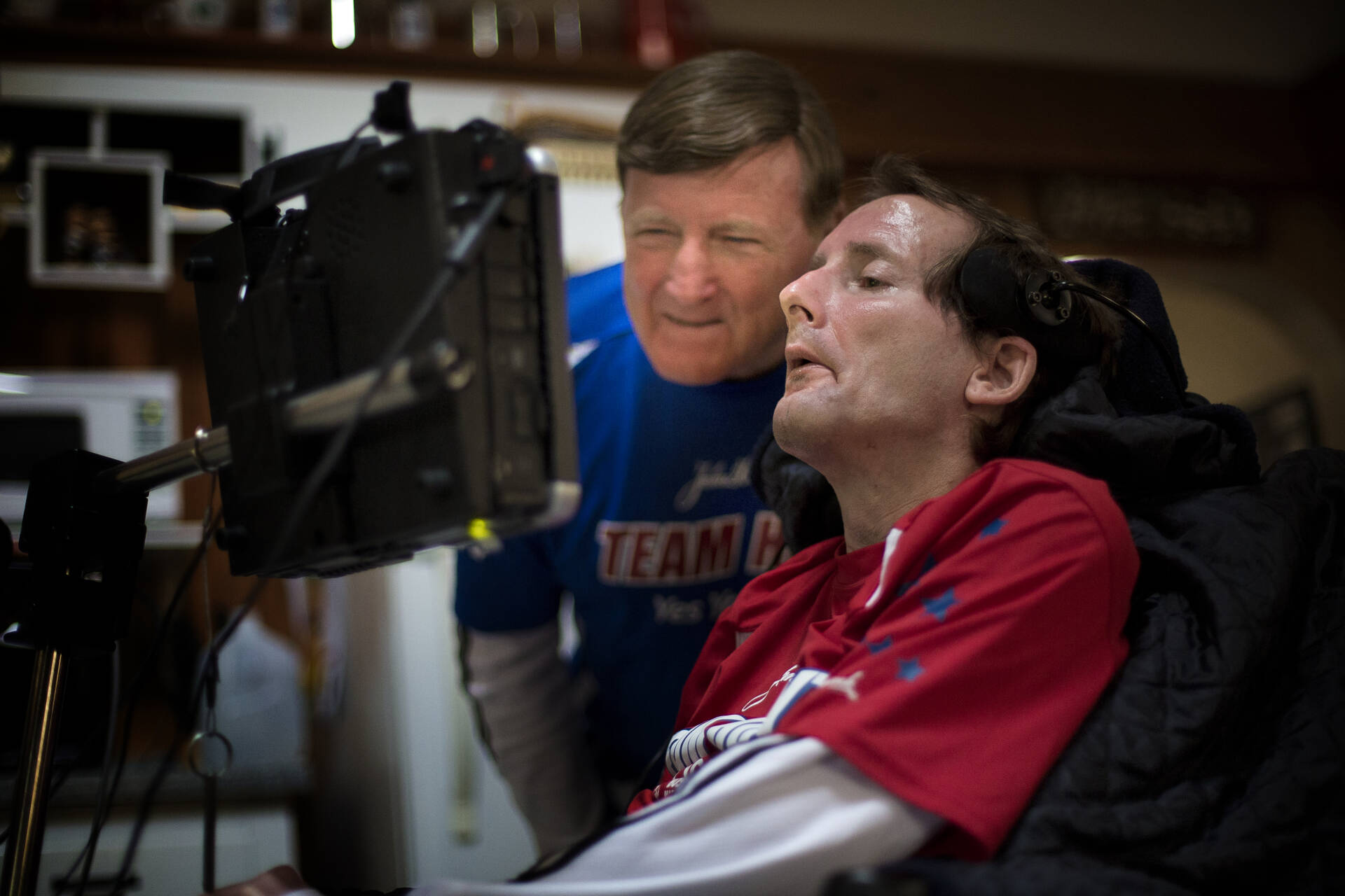 Team Hoyt, as they're often called, is pictured here in 2014. The father-son duo drew spectators and fans from all over who loved to cheer them on as they competed in the Boston Marathon. The late Rick Hoyt and his son, Dick, were marathon stalwarts since 1981. The elder Hoyt died at age 80 in 2021. (Jesse Costa/WBUR)