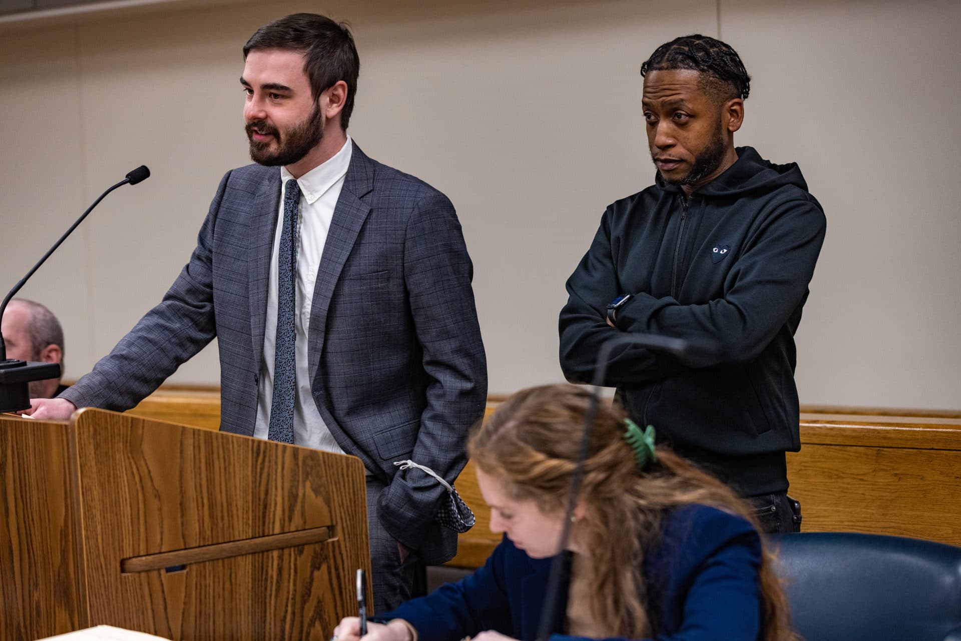 Attorney Aidan Stuart speaks on behalf of his client Kamari Hope during a hearing at Roxbury District Court. (Jesse Costa/WBUR)