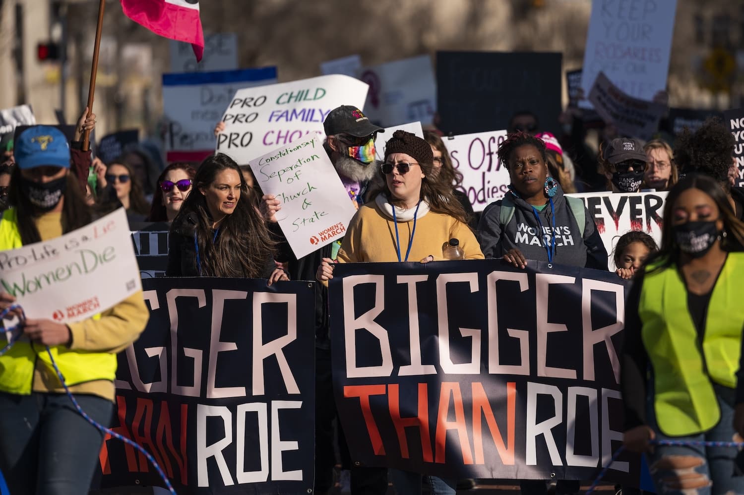 People march through downtown Amarillo to protest a lawsuit in federal court to ban the abortion drug mifepristone Saturday, Feb. 11, 2023. (Justin Rex/AP)