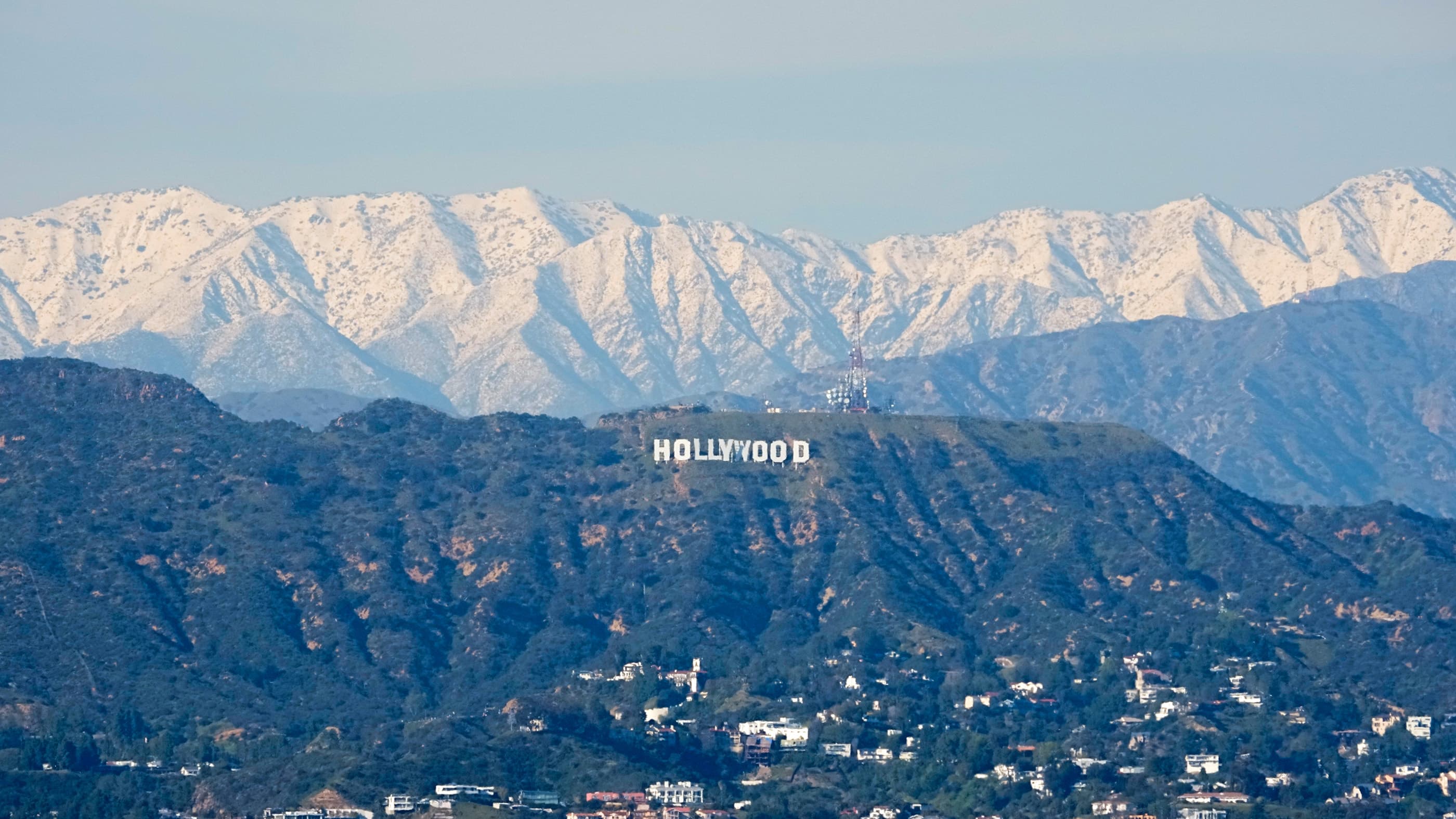 The Hollywood sign is seen with snow capped mountains. (Mark J. Terrill/AP)