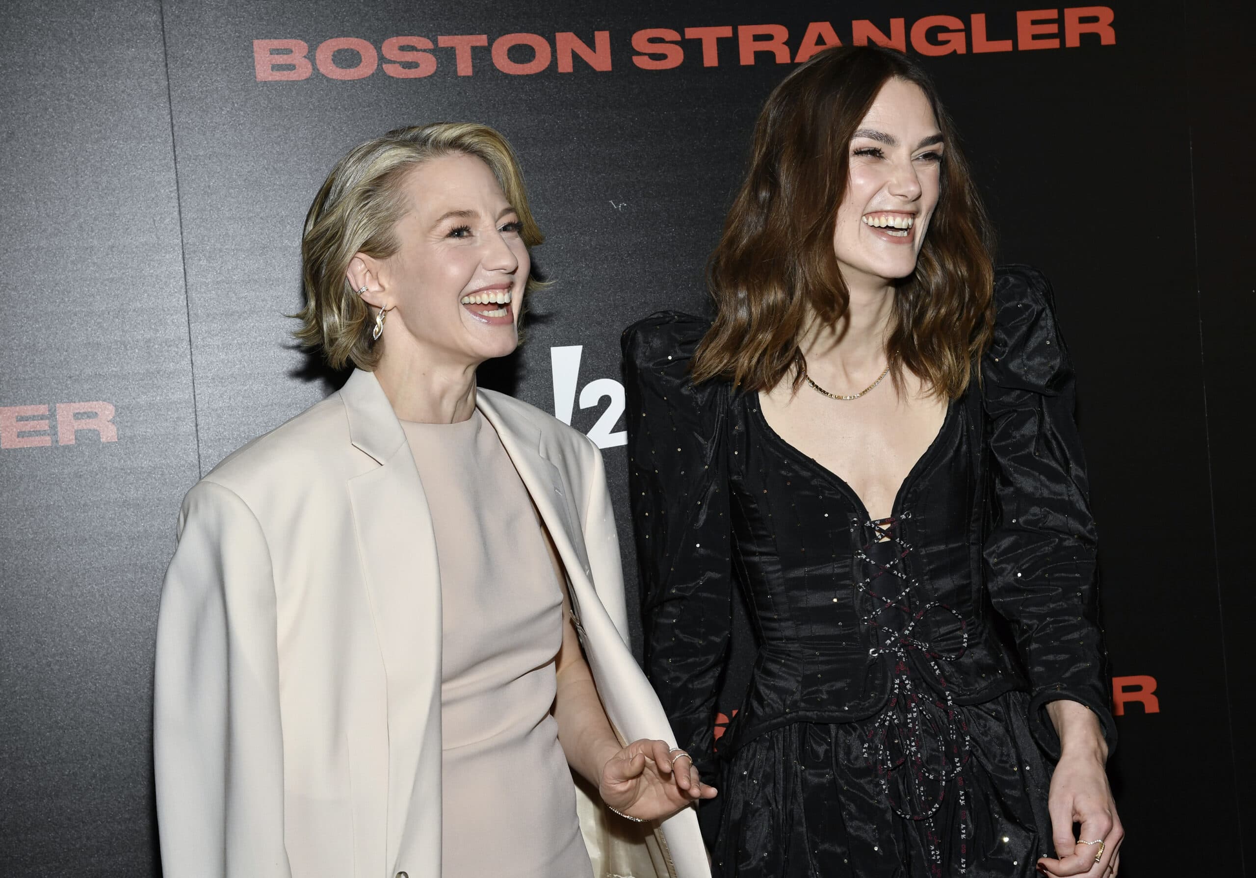 Carrie Coon, left, and Keira Knightley attend a special screening of "Boston Strangler" at the Museum of Modern Art on Tuesday, March 14, 2023, in New York. (Evan Agostini/Invision/AP)