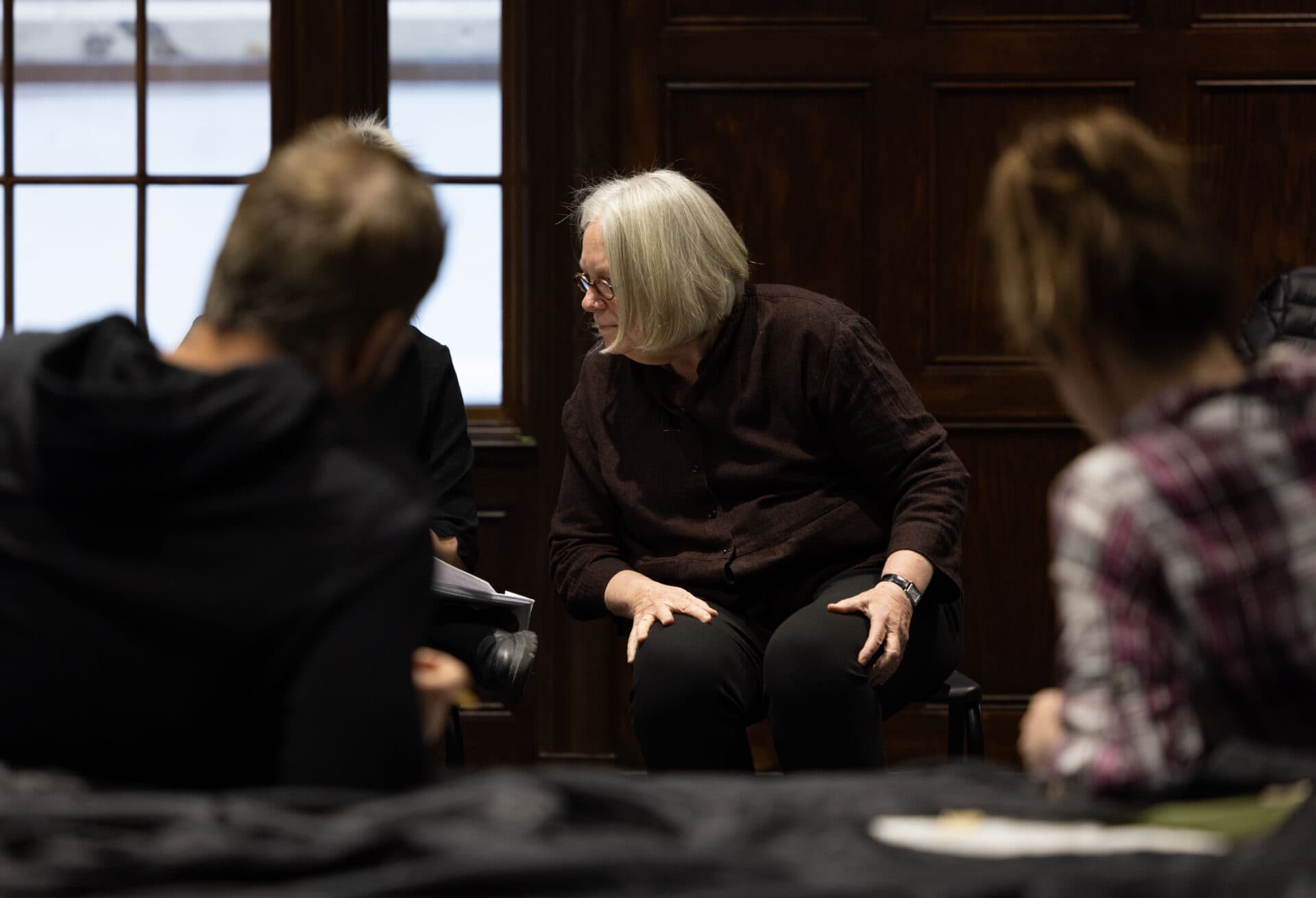 Anne Bogart, center, consults the libretto during a rehearsal for BLO's &quot;Bluebeard's Castle.&quot; (Courtesy Kathy Wittman/Ball Square Films)