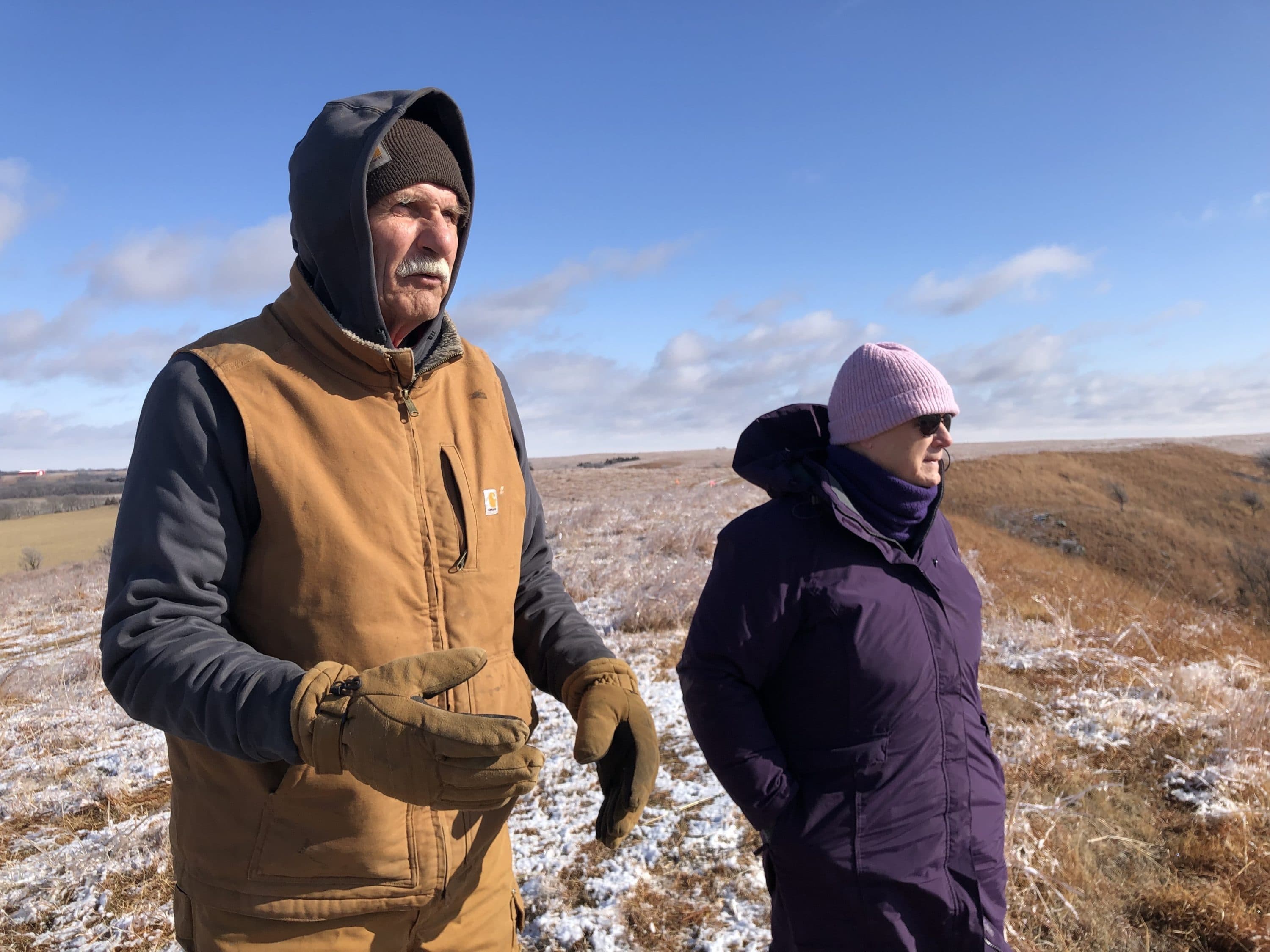 Bill and Chris Pannbacker regularly visit this ridge on their farm to watch workers cleaning the Keystone pipeline oil spill. (Celia Llopis-Jepsen/Kansas News Service)