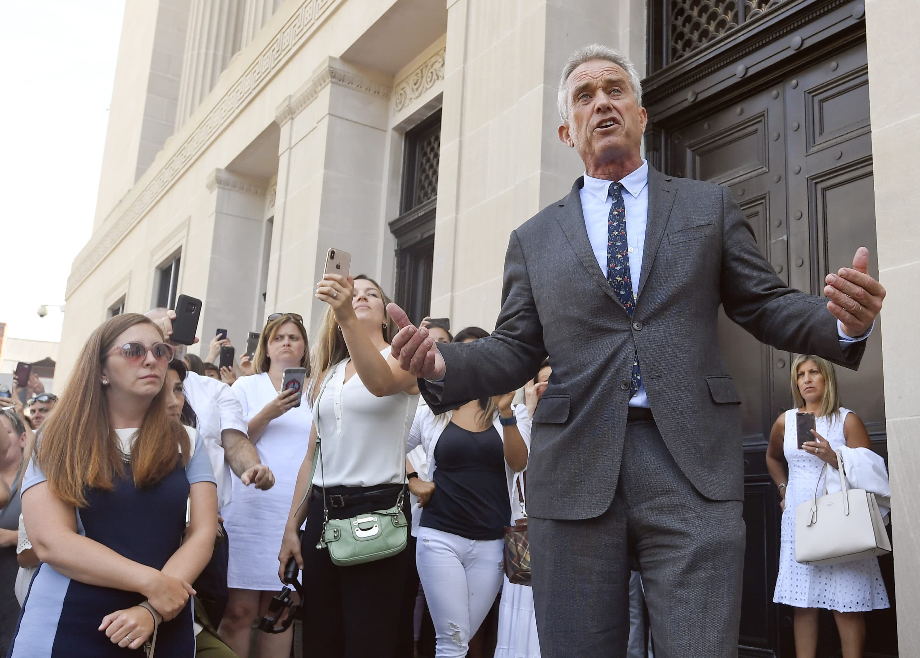 Attorney Robert F. Kennedy, Jr. speaks after a hearing challenging the constitutionality of the state legislature's repeal of the religious exemption to vaccination on behalf of New York state families who held lawful religious exemptions, during a rally outside the Albany County Courthouse Aug. 14, 2019, in Albany, N.Y. (Hans Pennink/AP)