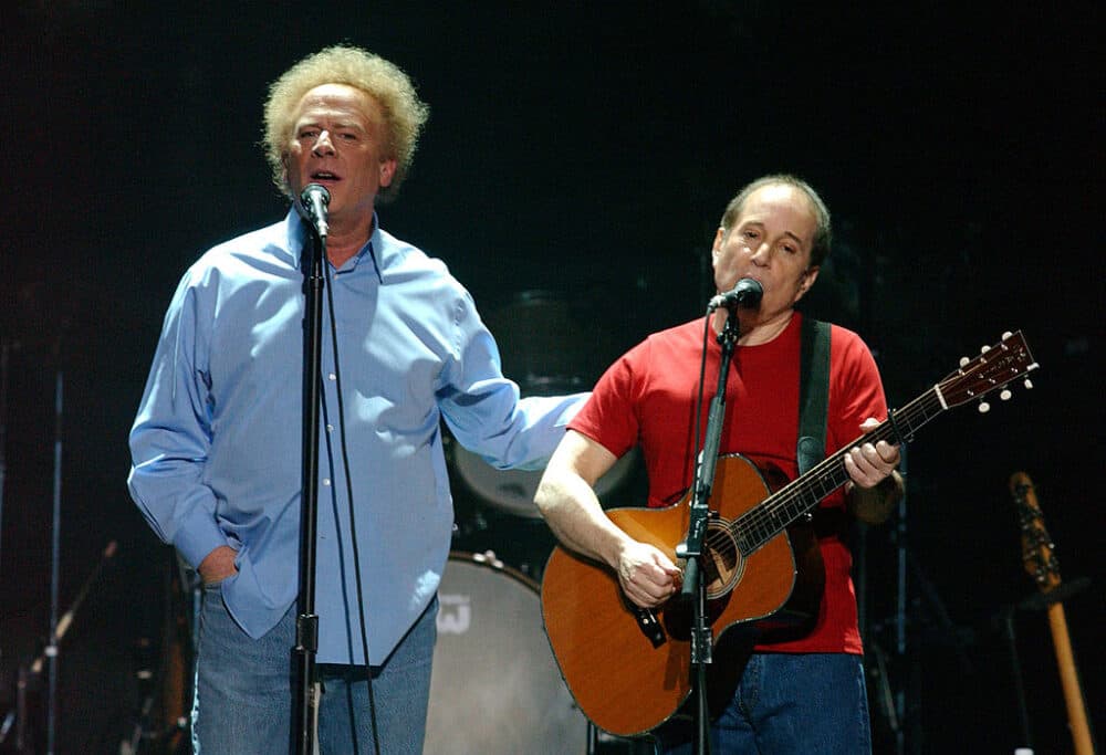 Art Garfunkel and Paul Simon of Simon and Garfunkel, from the &quot;Old Friends Tour 2003,&quot; at Madison Square Garden. (Photo by Debra L Rothenberg/FilmMagic via Getty Images)