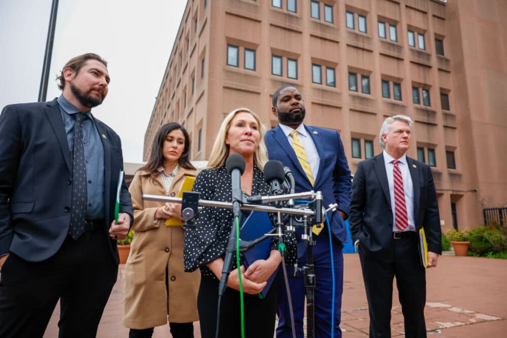 Rep. Marjorie Taylor Greene (R-GA) talks to the media along with Rep. Anna Paulina Luna (R-FL), Rep. Byron Donalds (R-FL) and Rep. Mike Collins (R-GA) as the Congressional Integrity Project video truck showing 12 minutes of footage from the January 6th Insurrection drives around the DC Department of Corrections on March 24, 2023 in Washington, DC. (Tasos Katopodis/Getty Images for Congressional Integrity Project)