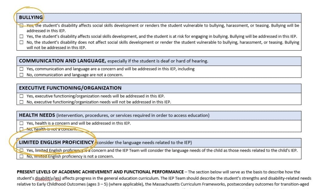 Screenshot of a near-final version of the form: Changes to the EIP form includes new questions about whether a student is vulnerable to bullying, or if they have English language learning needs.  (Courtesy of Massachusetts Department of Elementary and Secondary Education)