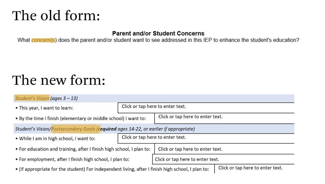 Screenshot of a near-final version of the new IEP form: The first question asks for a student's vision and goals, as opposed to their — and their parent's — concerns. This revision reflects a shift away from a deficit framing in the old form. (Courtesy of Massachusetts Department of Elementary and Secondary Education)