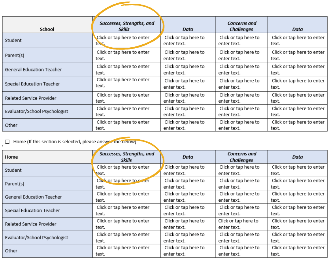 Screenshot of a near-final version of the new form: In two of seven sections about student achievement and performance, a column about student's "successes, strengths and skills" comes before one listing "concerns and challenges." (Courtesy of Massachusetts Department of Elementary and Secondary Education)