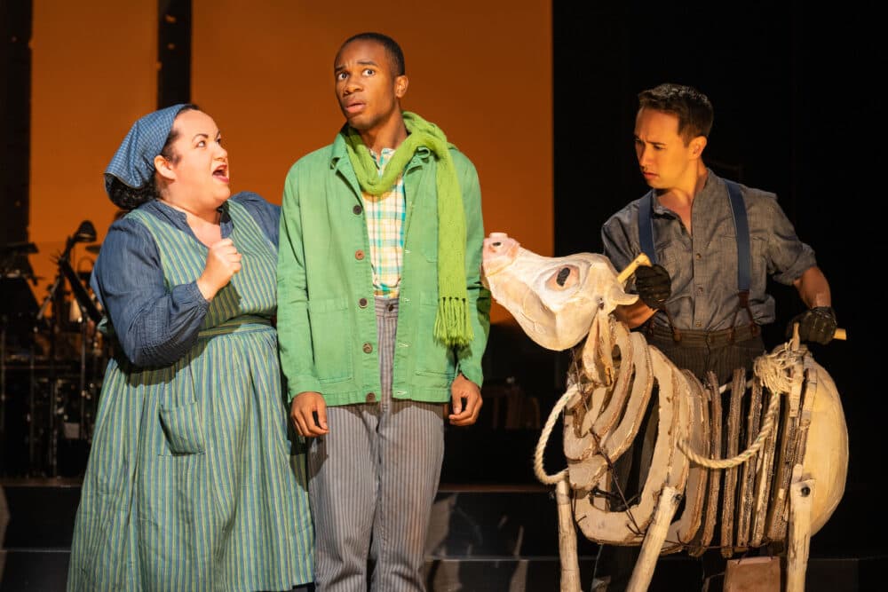Aymee Garcia as Jack's mother, Cole Thompson as Jack and Kennedy Kanagawa as the cow's puppeteer in "Into the Woods." (Courtesy Matthew Murphy and Evan Zimmerman for MurphyMade)