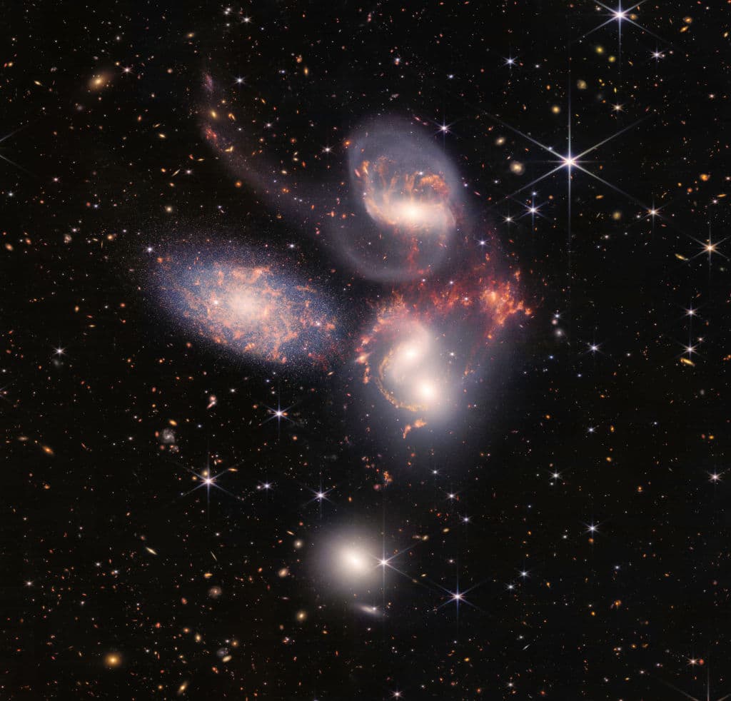 NASA's James Webb Space Telescope reveals Stephans Quintet, a visual grouping of five galaxies, in a new light on July 12, 2022 in space. (Photo by NASA, ESA, CSA, and STScI via Getty Images)