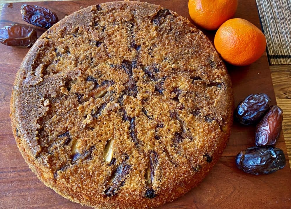 Upside-down date and orange cake. (Kathy Gunst/Here & Now)