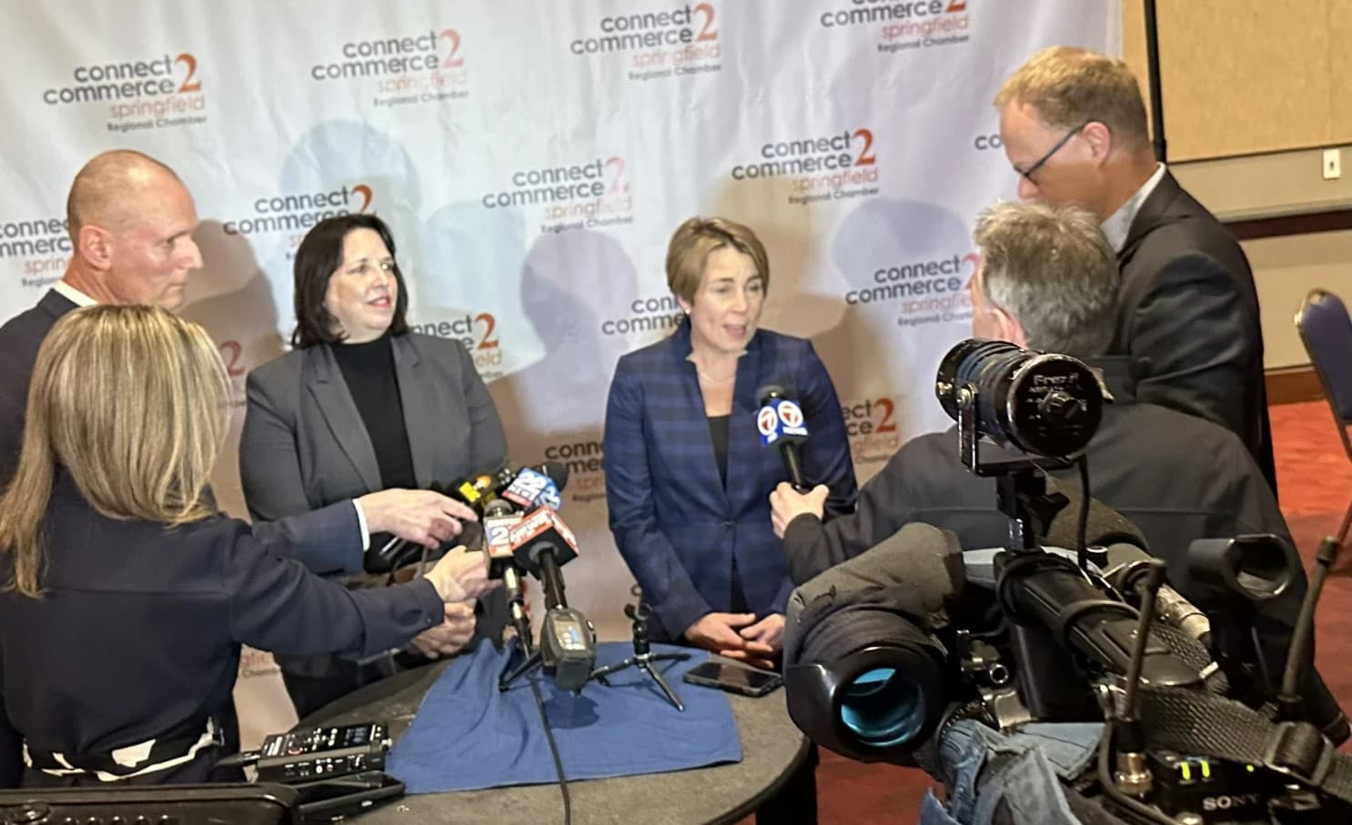 Massachusetts Governor Maura Healey speaking to the media in Springfield, Massachusetts, on March 10. (Alden Bourne/NEPM)