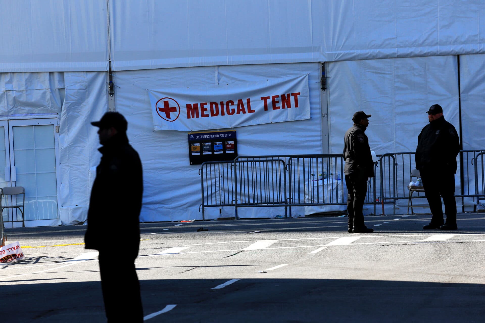 The medical tent on Boylston Street with police out front the day after the bombings. (David L Ryan/The Boston Globe via Getty Images)