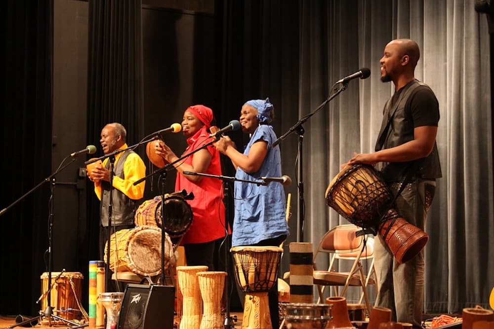 The Healing Force ensemble performs with traditional African percussion instruments like drums and rattling gourd shekeres. (courtesy of North Charleston)