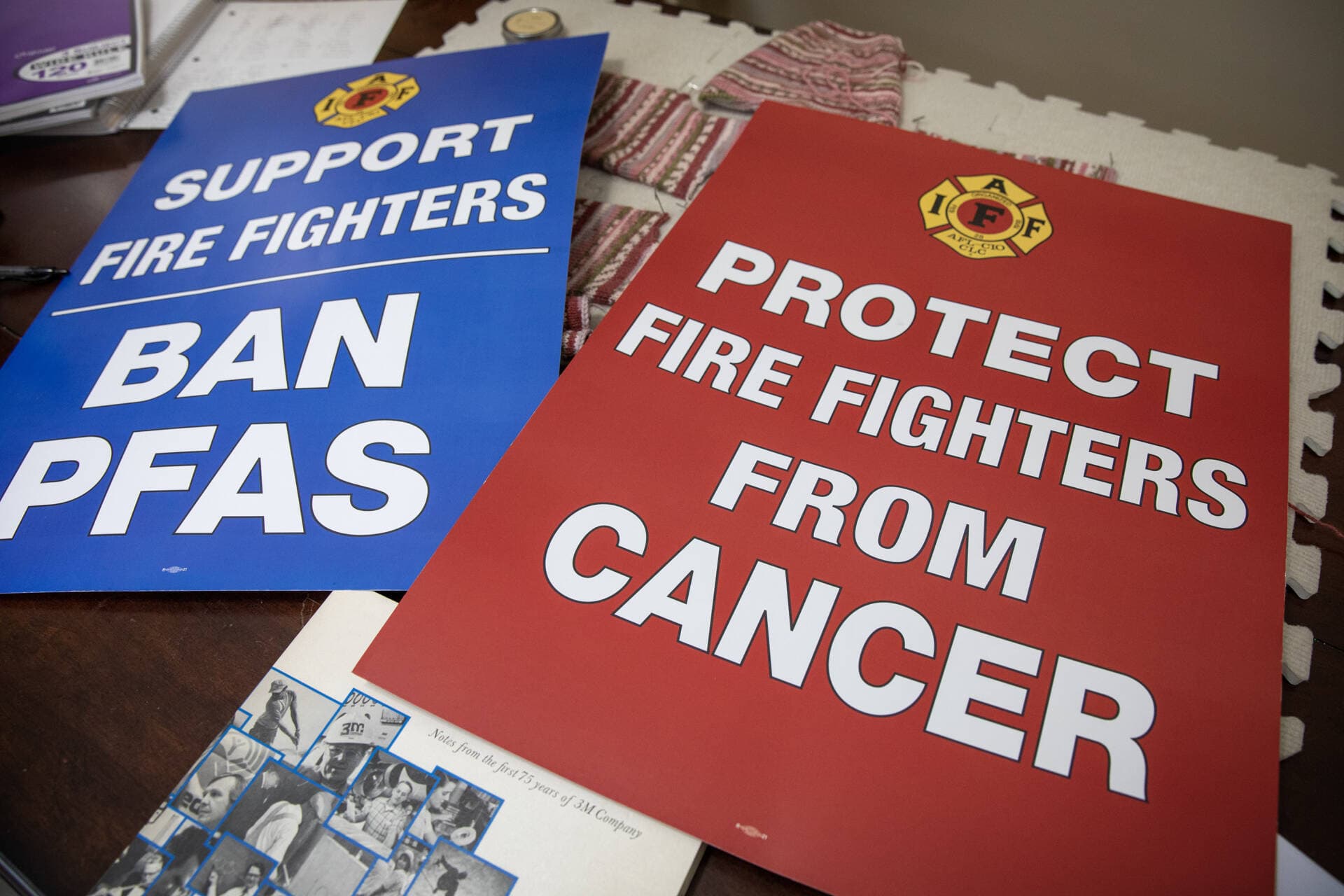Banners supporting firefighters at Diane Cotter's home. (Robin Lubbock/WBUR)
