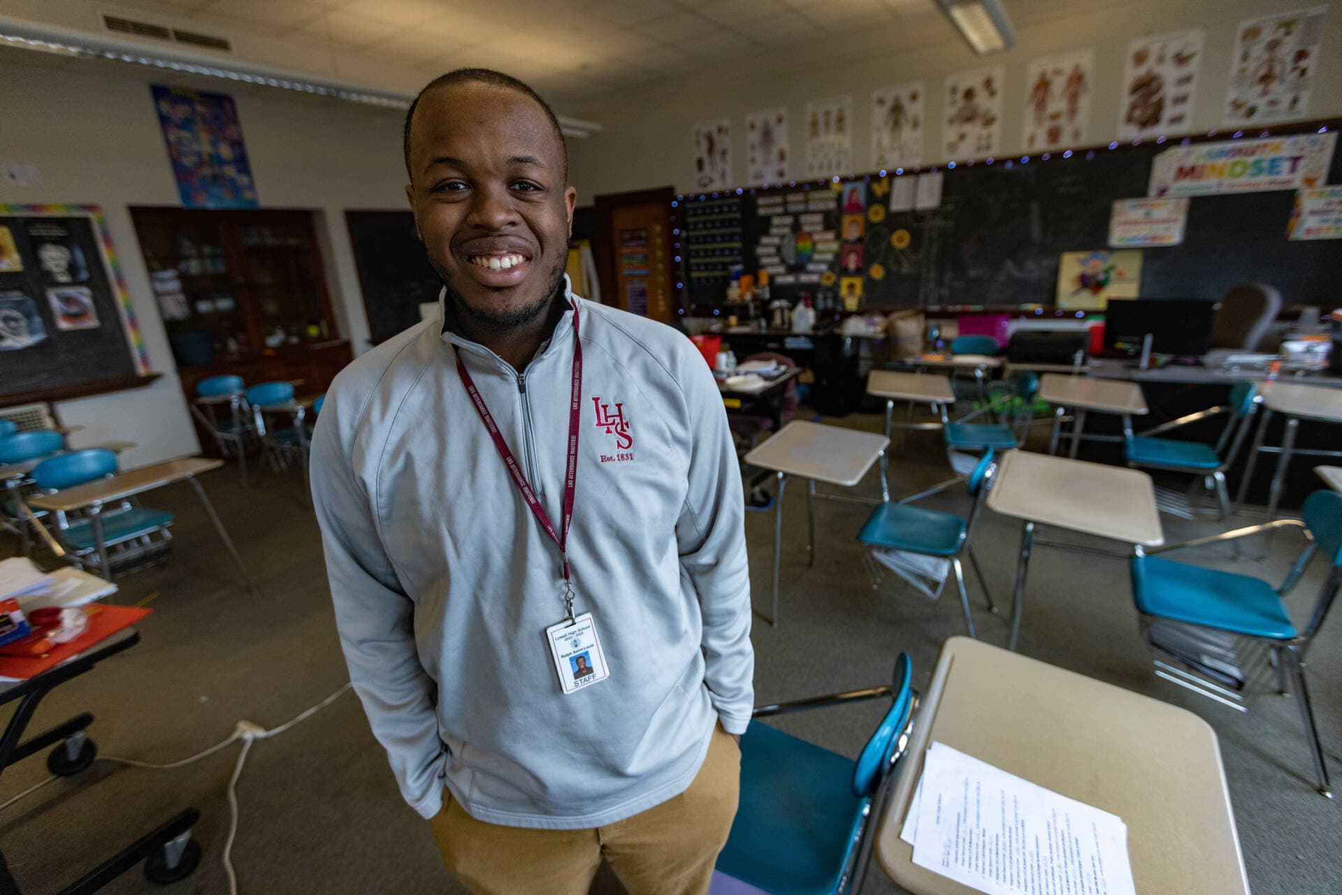 Teacher Ralph Saint-Louis in his biology classroom at Lowell High School. (Jesse Costa/WBUR)