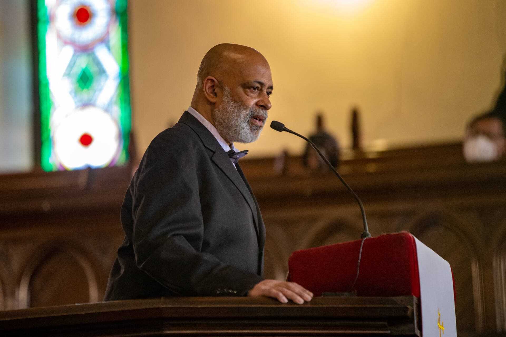 Michael King speaks about his father Mel King during the funeral service of Mel King at Union United Methodist Church in the South End. (Jesse Costa/WBUR)