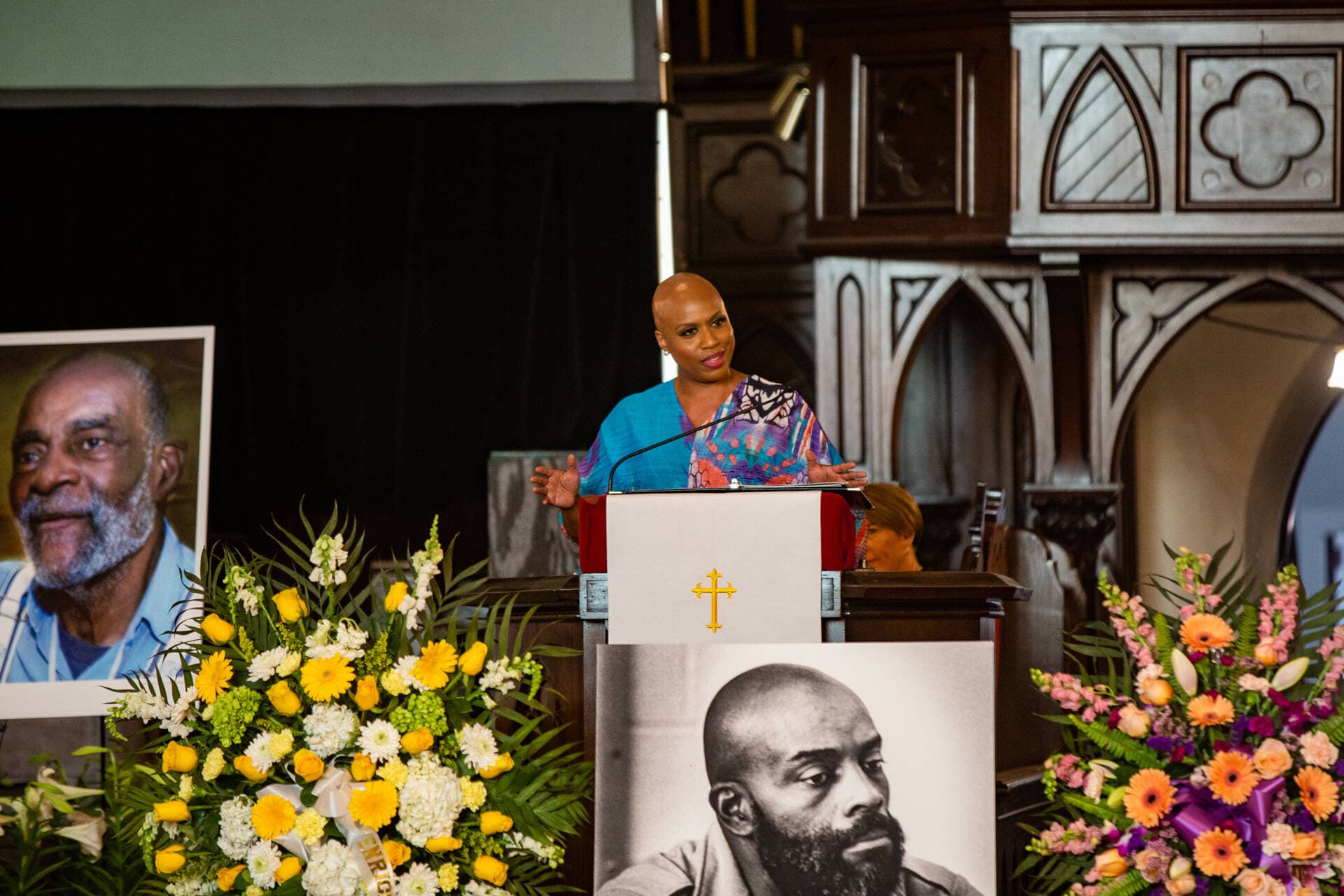 U.S. Rep. Ayanna Pressley speaks during the funeral service of Mel King at Union United Methodist Church in the South End. (Jesse Costa/WBUR)